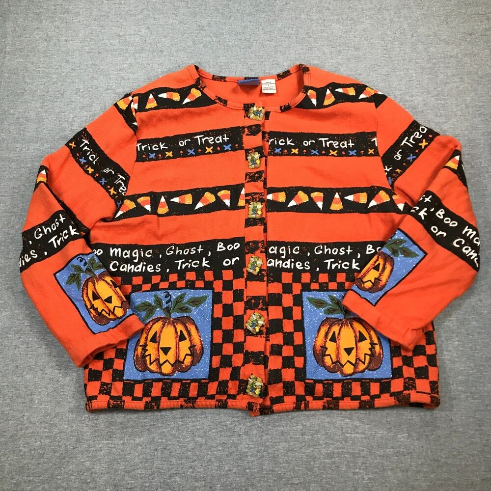 VTG Sportelle Women's Large Halloween Cardigan Pumpkin Black Orange Candy Corn